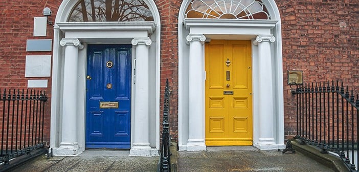 Two vintage Georgian doors in yellow and blue