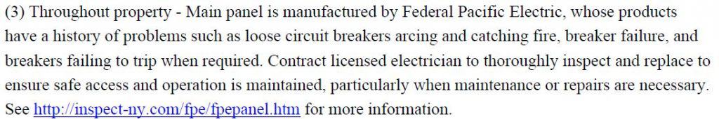 inspection details commenting on electrical panels where circuit breakers are known to catch fire or fail to trip