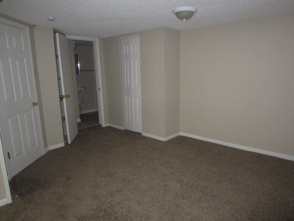 bedroom with light colored carpet, white doors, and tan walls