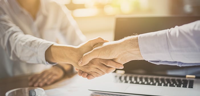 Business people shaking hands, finishing up meeting. Successful businessmen handshaking after good deal.