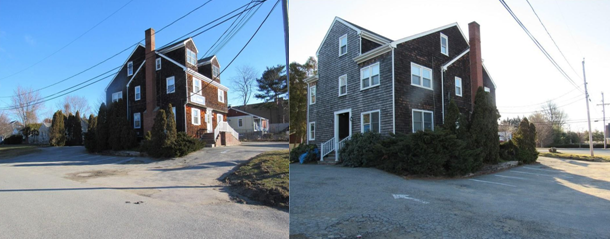 multilevel property with brown siding and white trim on cement lot