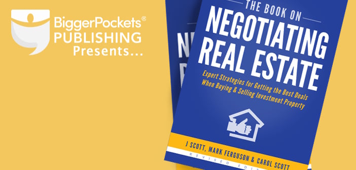 two stacked, fanned copies of The Book on Negotiating Real Estate on a yellow background