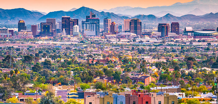 Phoenix, Arizona, USA downtown cityscape at dusk.