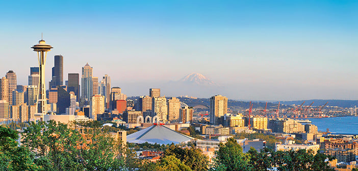 Seattle skyline panorama at sunset as seen from Kerry Park, Seattle, WA