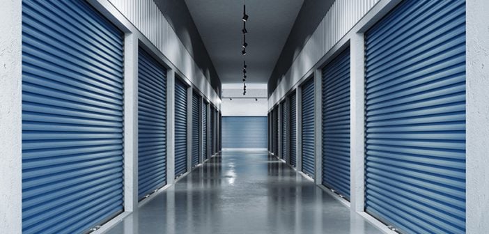 Storage facilities with blue doors. Interior units. 3d rendering