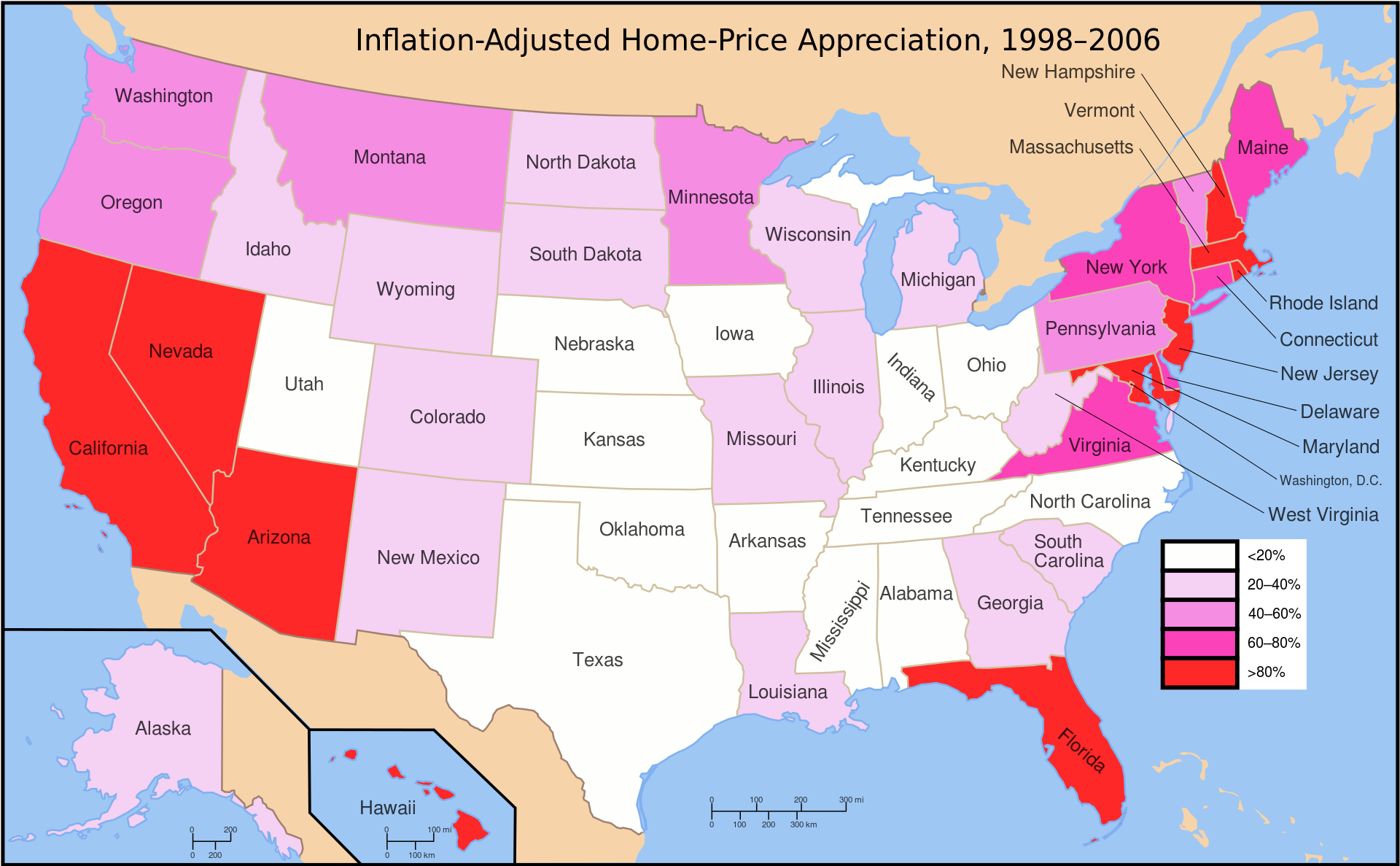 Map of USA with inflation-adjusted home-price appreciation from 1998-2006