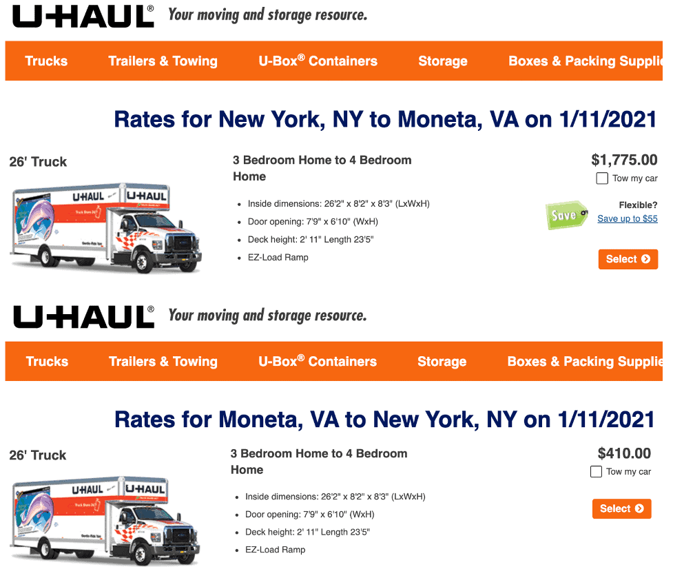 U Haul NY to Moneta