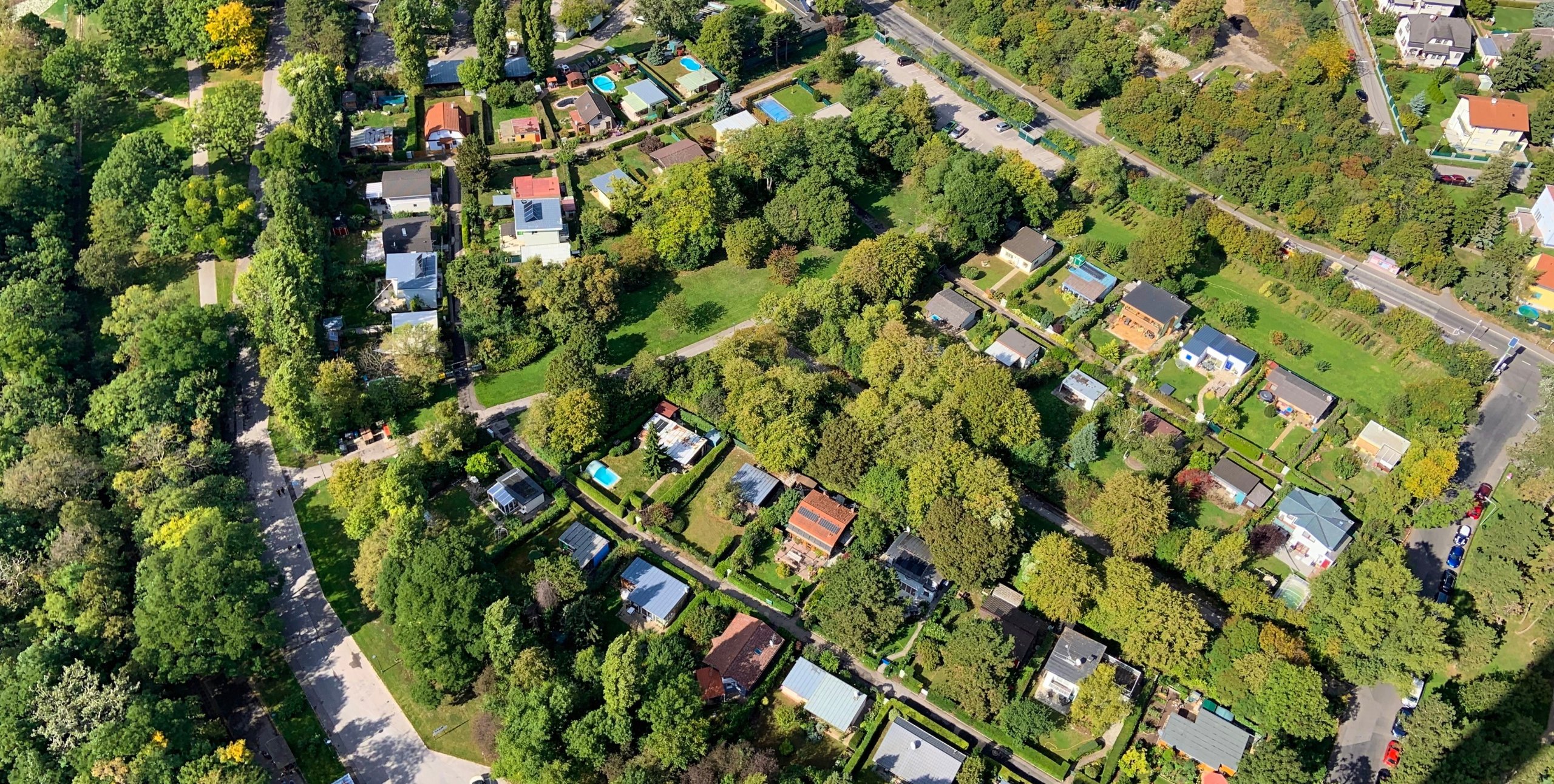 overhead view of suburban neighborhood