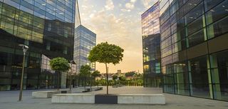 modern complex of office buildings in the evening