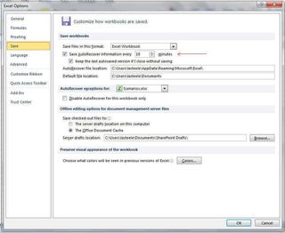 Excel Options - Save with AutoRecover
