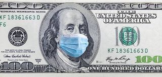 Coronavirus Wuhan. US quarantine, 100 dollar banknote with medical mask. The concept of epidemic and protection against coronavrius.