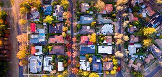 Aerial view of a green leafy suburb